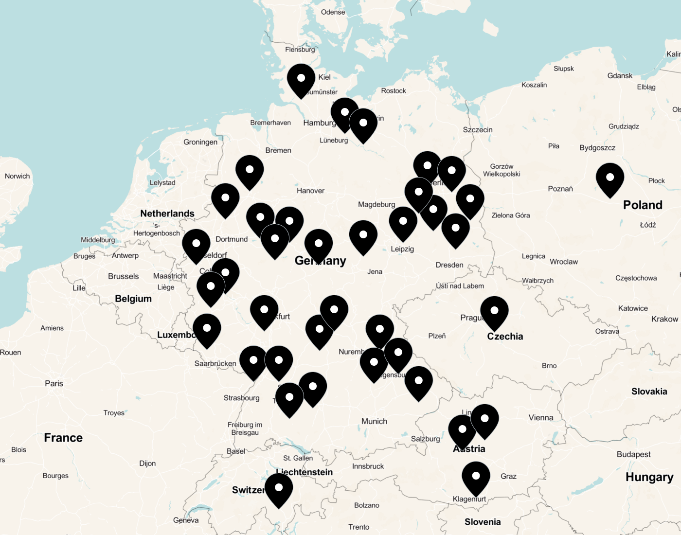 Karte von Mitteleuropa mit Markern für Institutionen